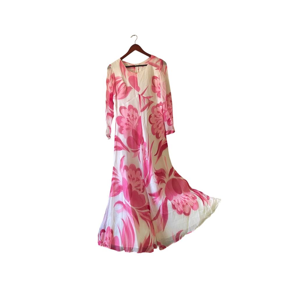 Vintage 60s/70s chiffon long maxi gown pink floral with sheer sleeves small